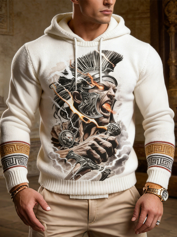 Ancient Roman Warrior Pattern Men's Knitted Hooded Sweater