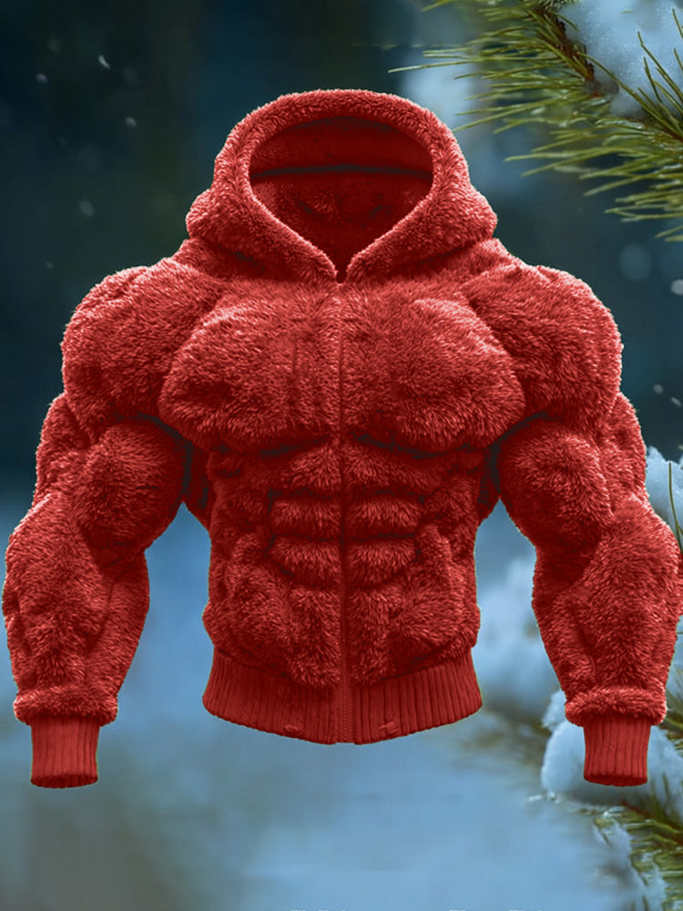 Men's Vintage Muscle Line Art Warm Hooded Cardigan