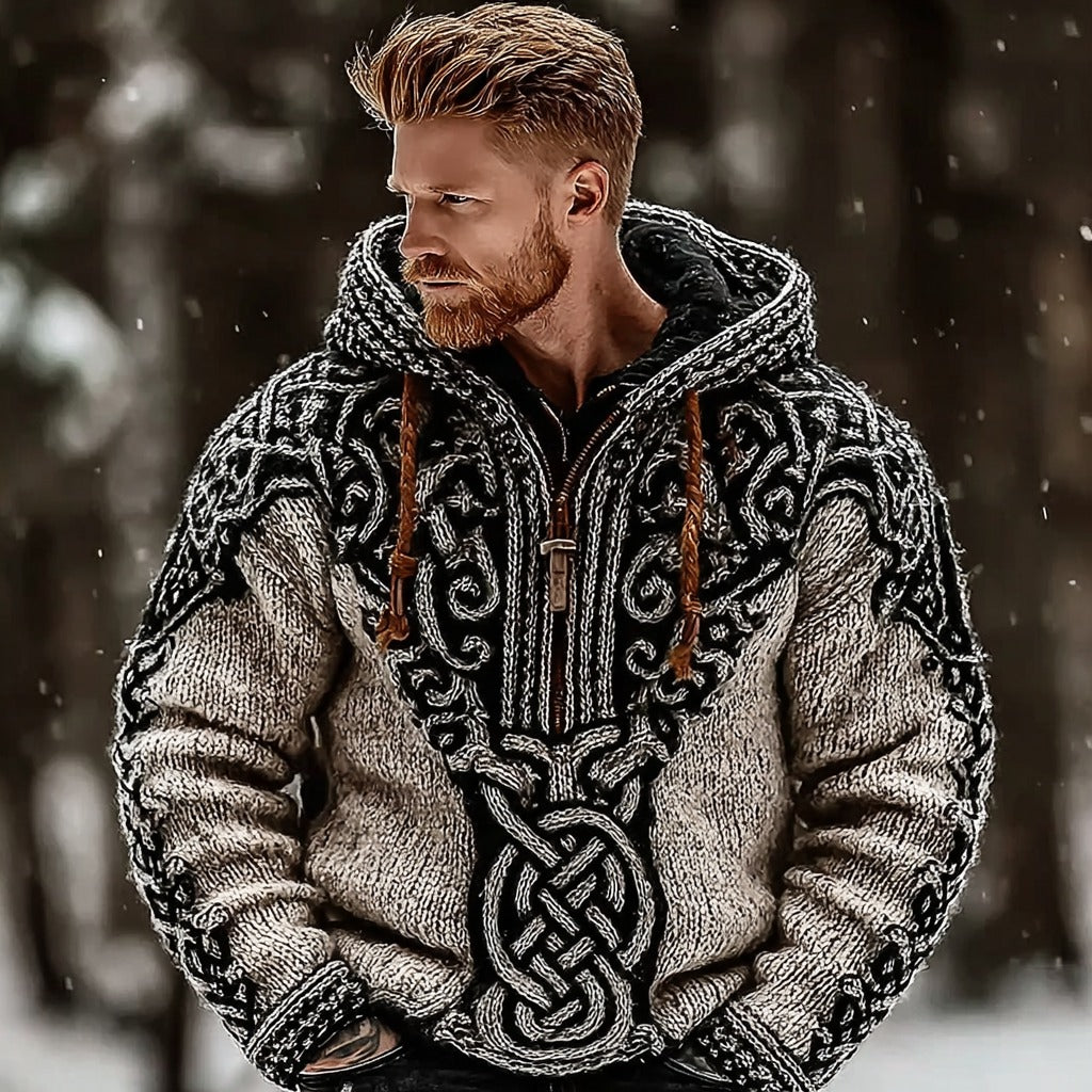 Men's Retro Viking Rune Knit Jacquard Half-zip Hooded Sweater