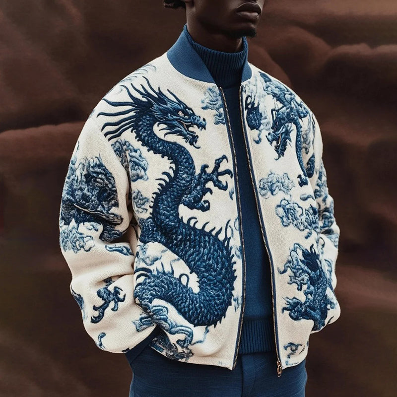 Men's Vintage Dragon Art Print Casual Zip-up Jacket