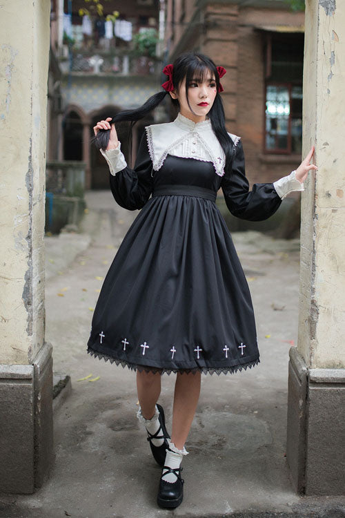 Black Dark Style Punk Cross High Waist Gothic Lolita OP Dress