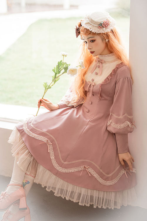 Alice Girl Andrea Solid Bowknot Long Sleeves Ruffled Sweet Lolita OP Dress 3 Colors
