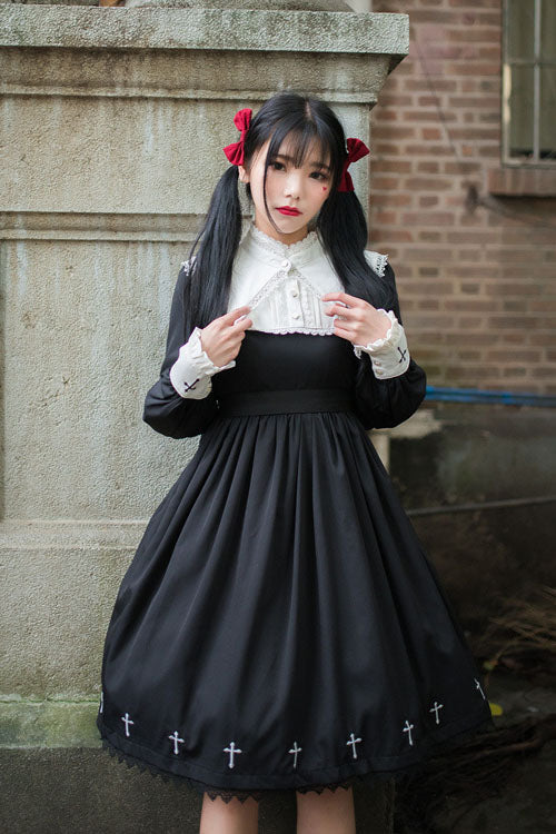 Black Dark Style Punk Cross High Waist Gothic Lolita OP Dress