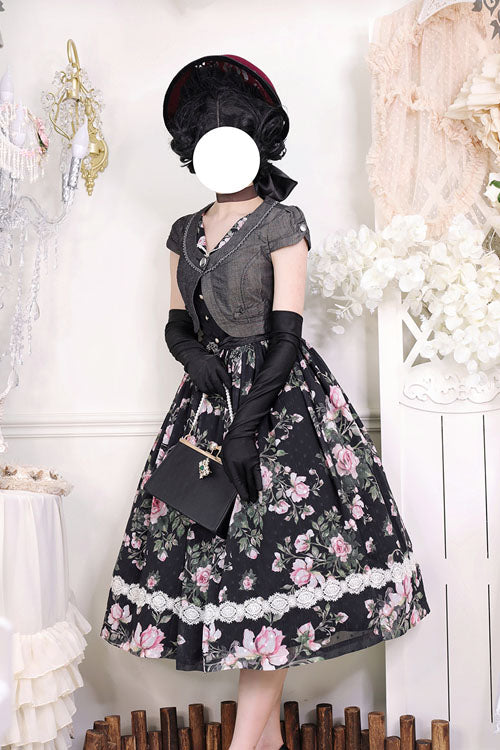 Black Elegant Vintage French Rose Floral Print V Collar Sleeveless Ruffled Classic Lolita JSK Dress