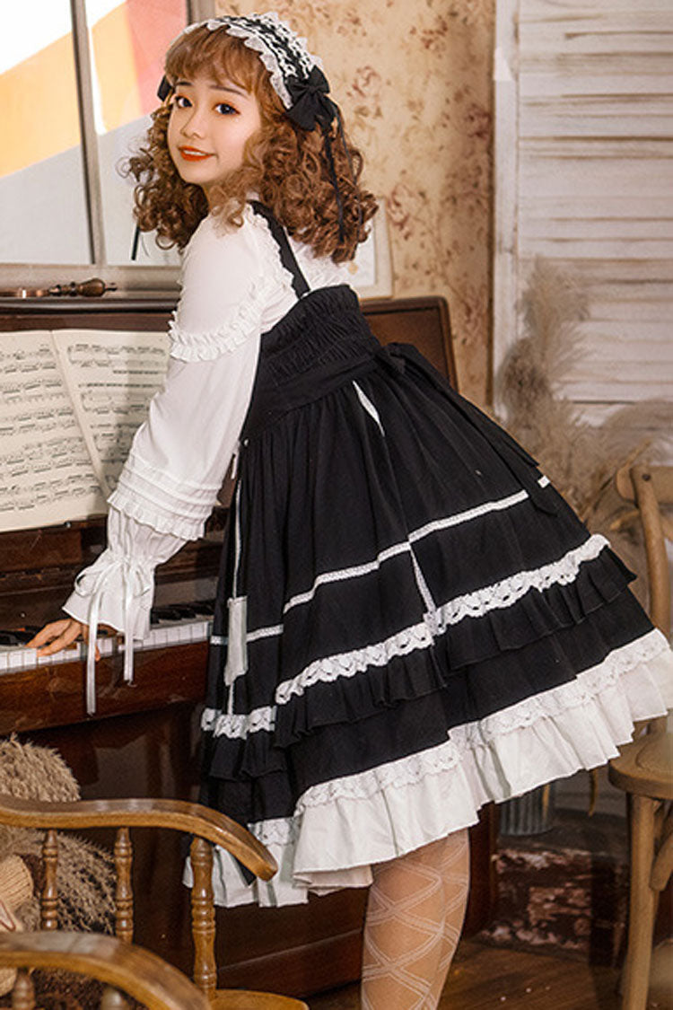 Black Lace Stitching High Waisted Bowknot Ruffled Sweet Lolita Jsk Dress