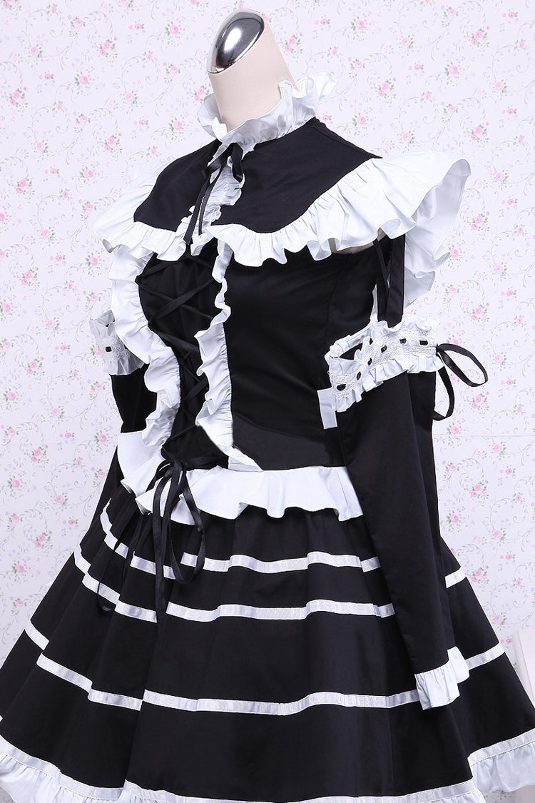 Black Cotton Stand Collar Long Sleeves Ruffled Bowknot Gothic Lolita Dress