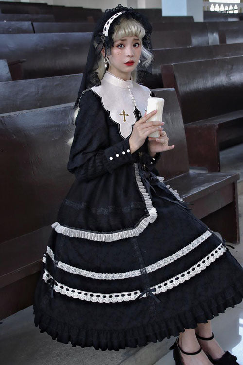 Black Cross Dark Church Elegant Lace Long Sleeves Ruffled Classic Lolita OP Dress