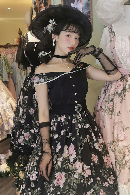Black Elegant Vintage French Rose Floral Print V Collar Sleeveless Ruffled Classic Lolita JSK Dress