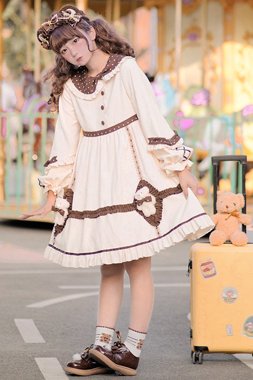 Beige Round Collar Lantern Sleeves Cute Bear Sweet Lolita OP Dress