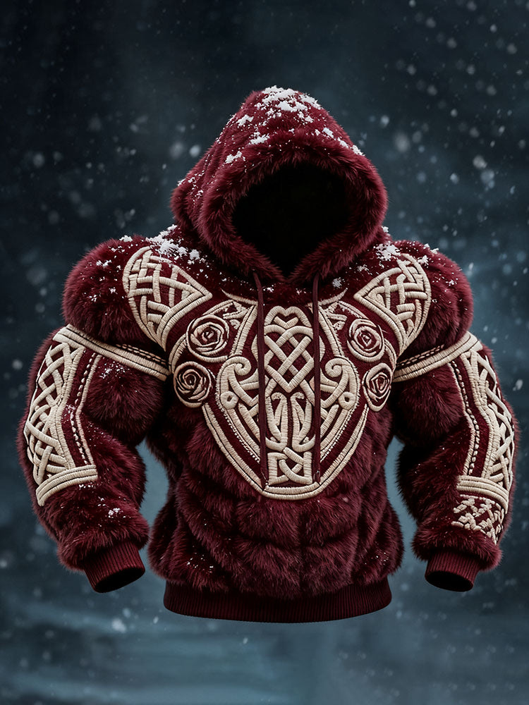 Men's Viking Tribal Jacquard Celtic Muscle Line Inspired Art Plush Warm Hoodie