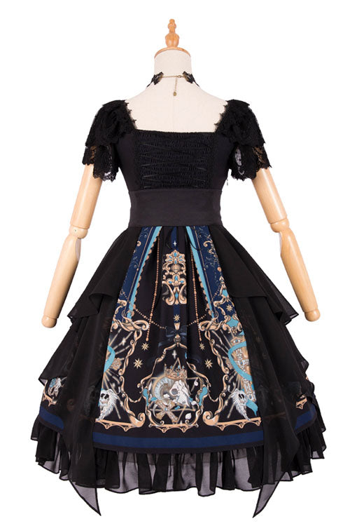 Black God's Salvation Square Collar Short Sleeves Lace Ruffled Gothic Lolita OP Dress