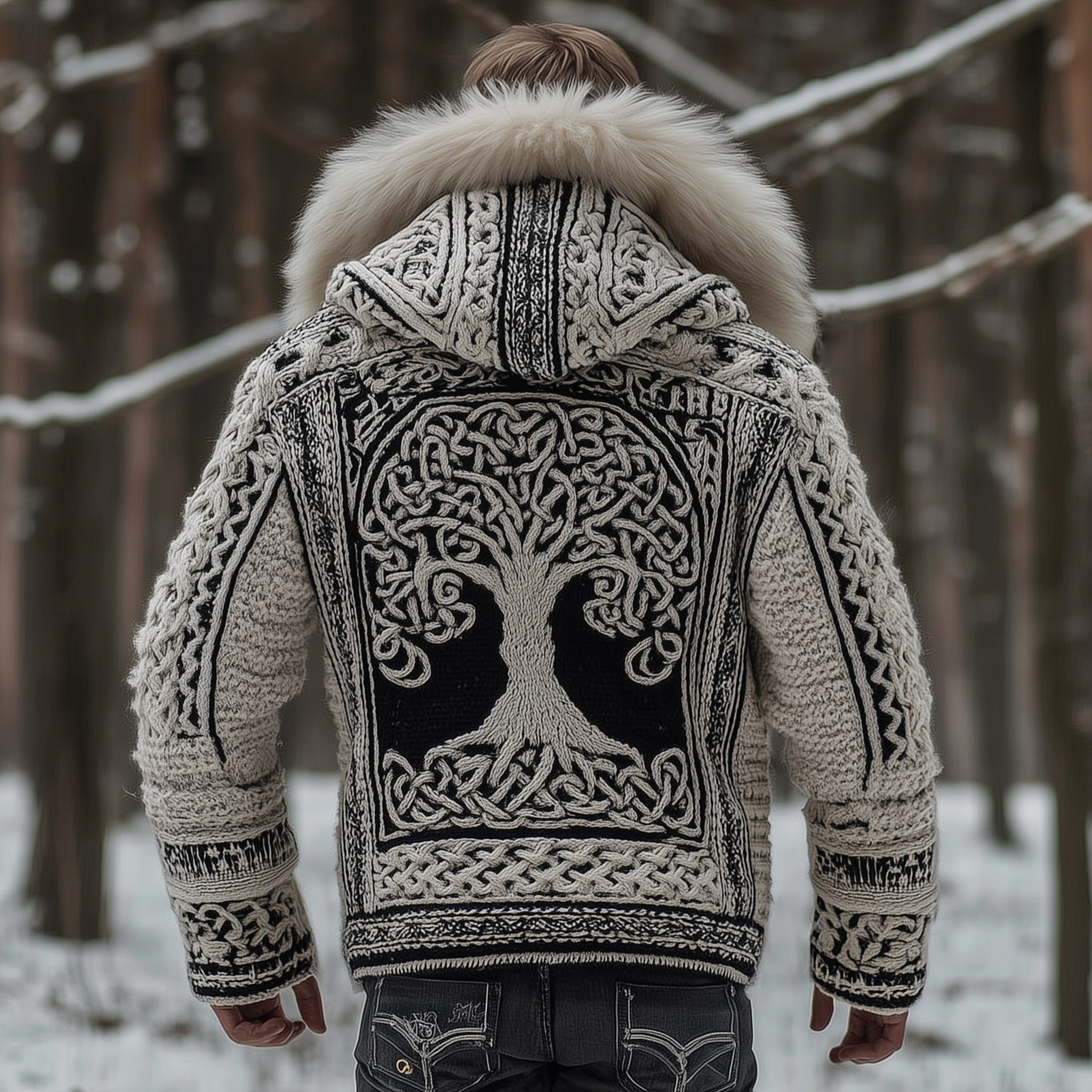 Men's Viking Vintage Celtic Tree Of Life Art Cozy Fuzzy Hooded Knitted Jacket