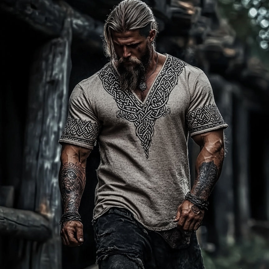 Men's Retro Viking Celtic Knot Art Linen T-shirt