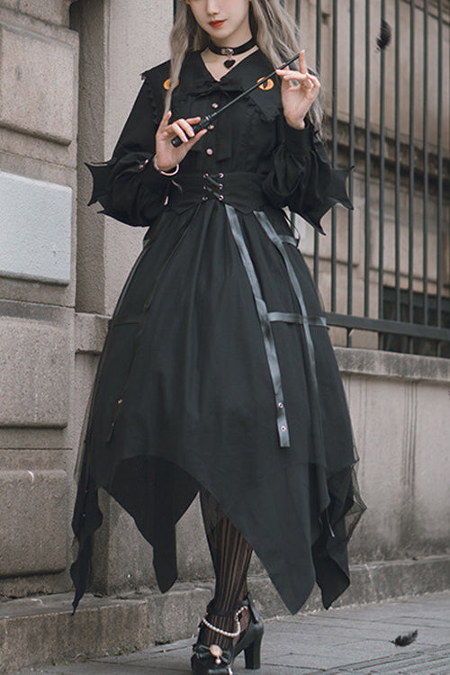 Black Lapel Collar Cat Eye Irregular Hem Gothic Lolita OP Dress