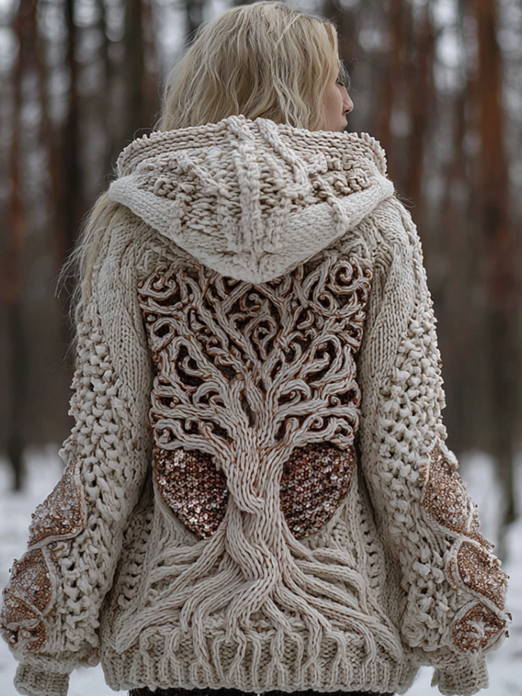 Viking Retro Style Women's Winter Warm Hooded Knit Sweater Jacket