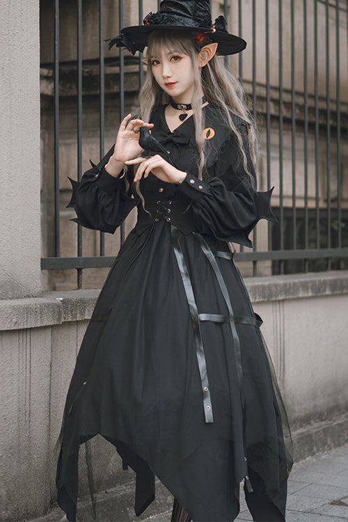Black Lapel Collar Cat Eye Irregular Hem Gothic Lolita OP Dress