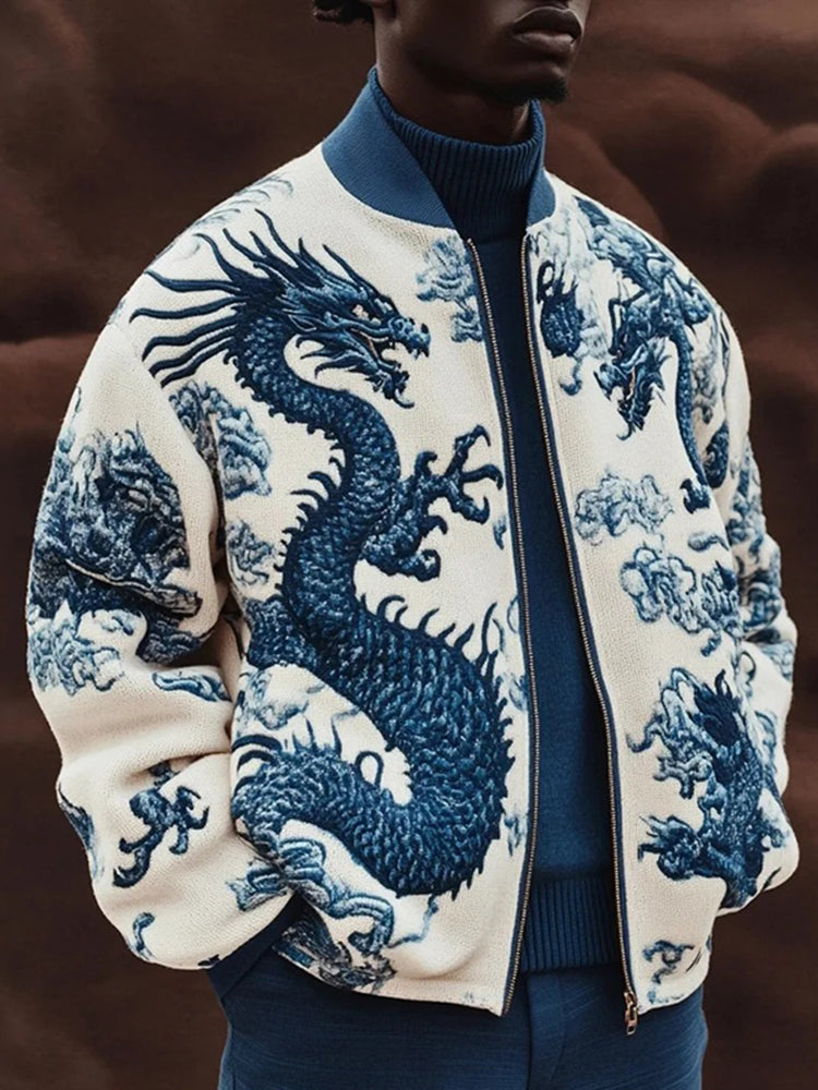Men's Vintage Dragon Art Print Casual Zip-up Jacket