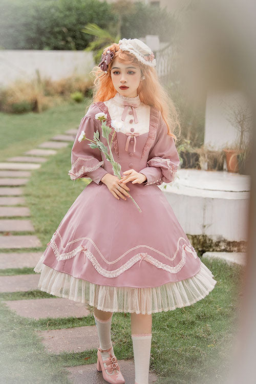 Alice Girl Andrea Solid Bowknot Long Sleeves Ruffled Sweet Lolita OP Dress 3 Colors