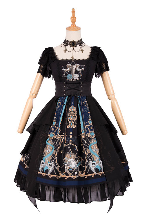 Black God's Salvation Square Collar Short Sleeves Lace Ruffled Gothic Lolita OP Dress
