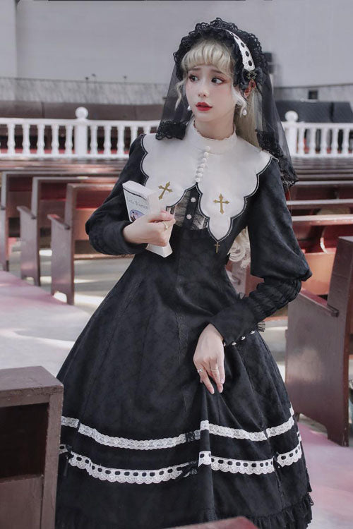Black Cross Dark Church Elegant Lace Long Sleeves Ruffled Classic Lolita OP Dress