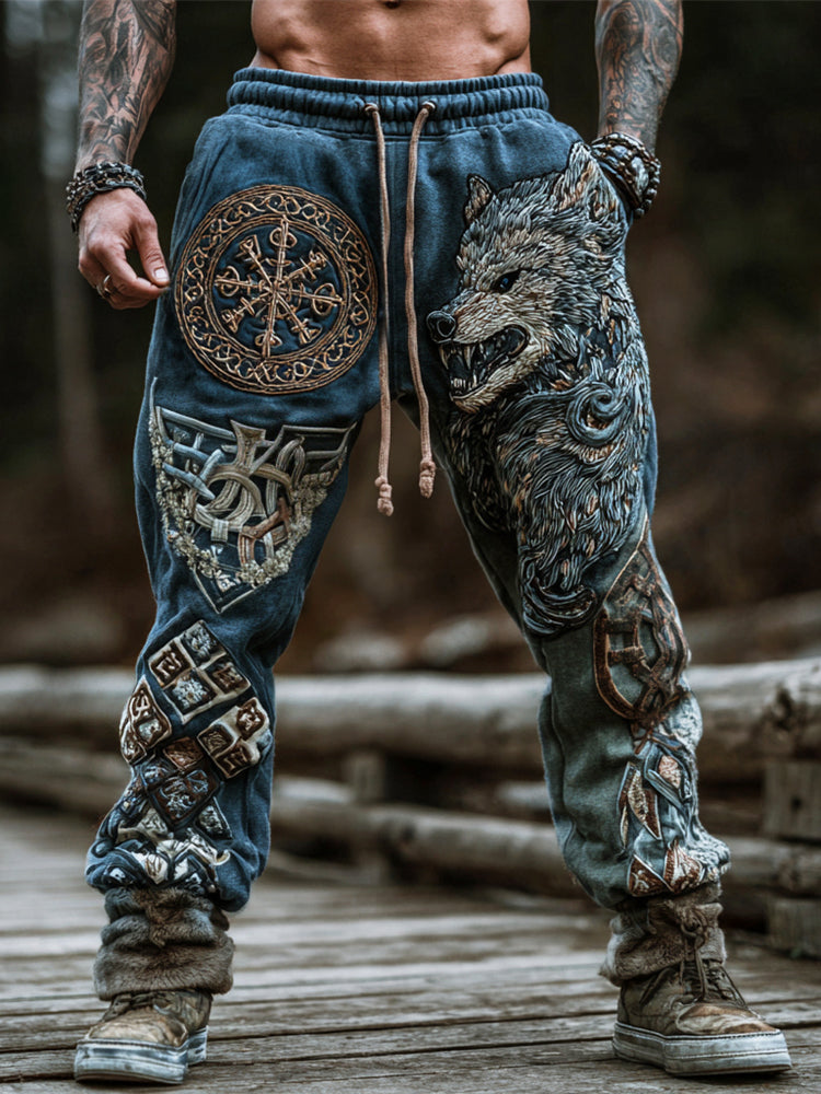Viking Fenrir Wolf & Aegishjalmur Print Men's Casual Pants