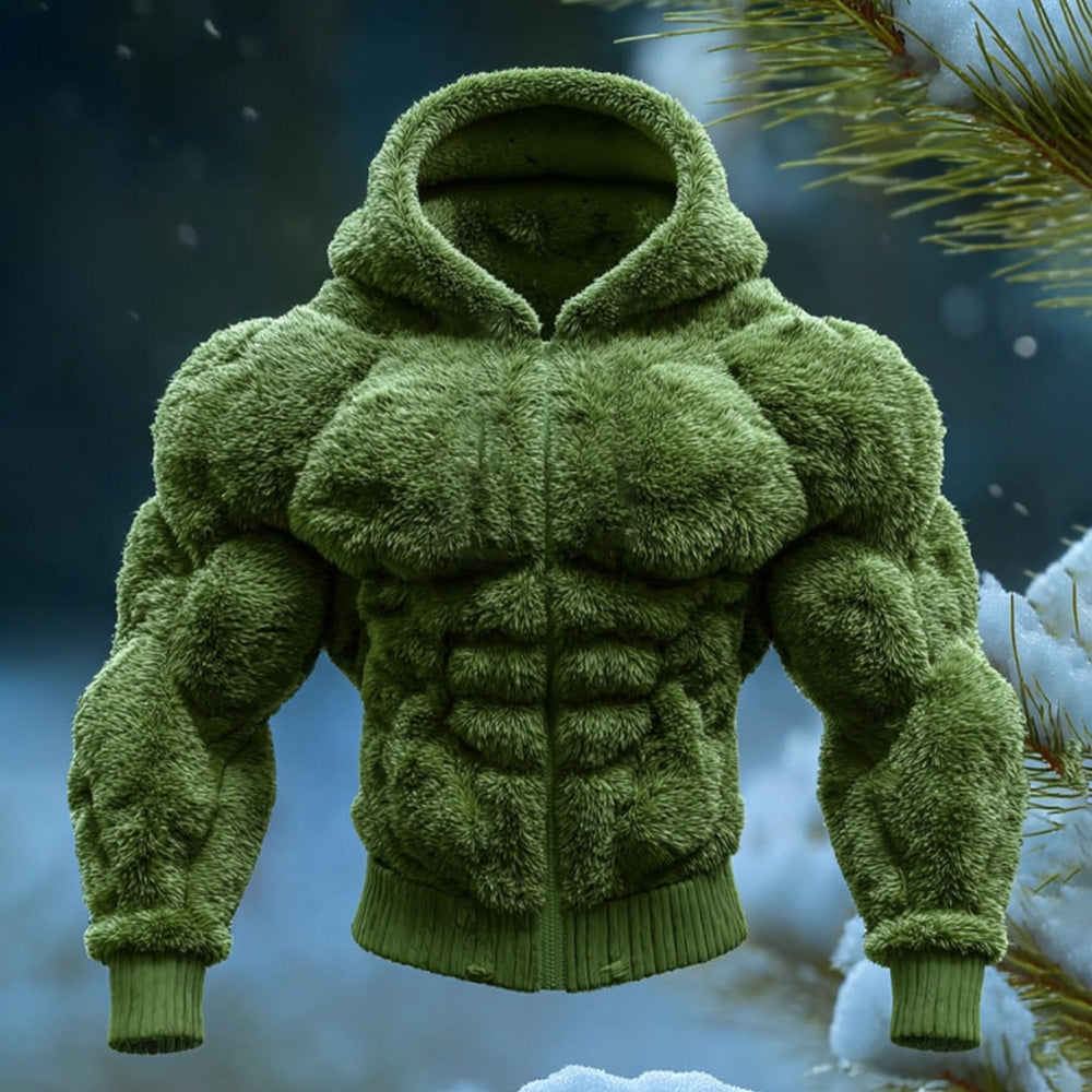 Men's Vintage Muscle Line Art Warm Hooded Cardigan