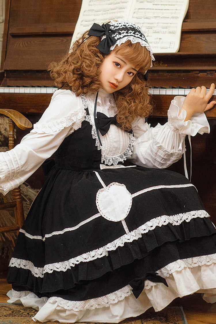 Black Lace Stitching High Waisted Bowknot Ruffled Sweet Lolita Jsk Dress