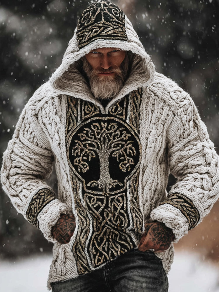 Men's Viking Style Tree Of Life White Thick Needle Hooded Sweater