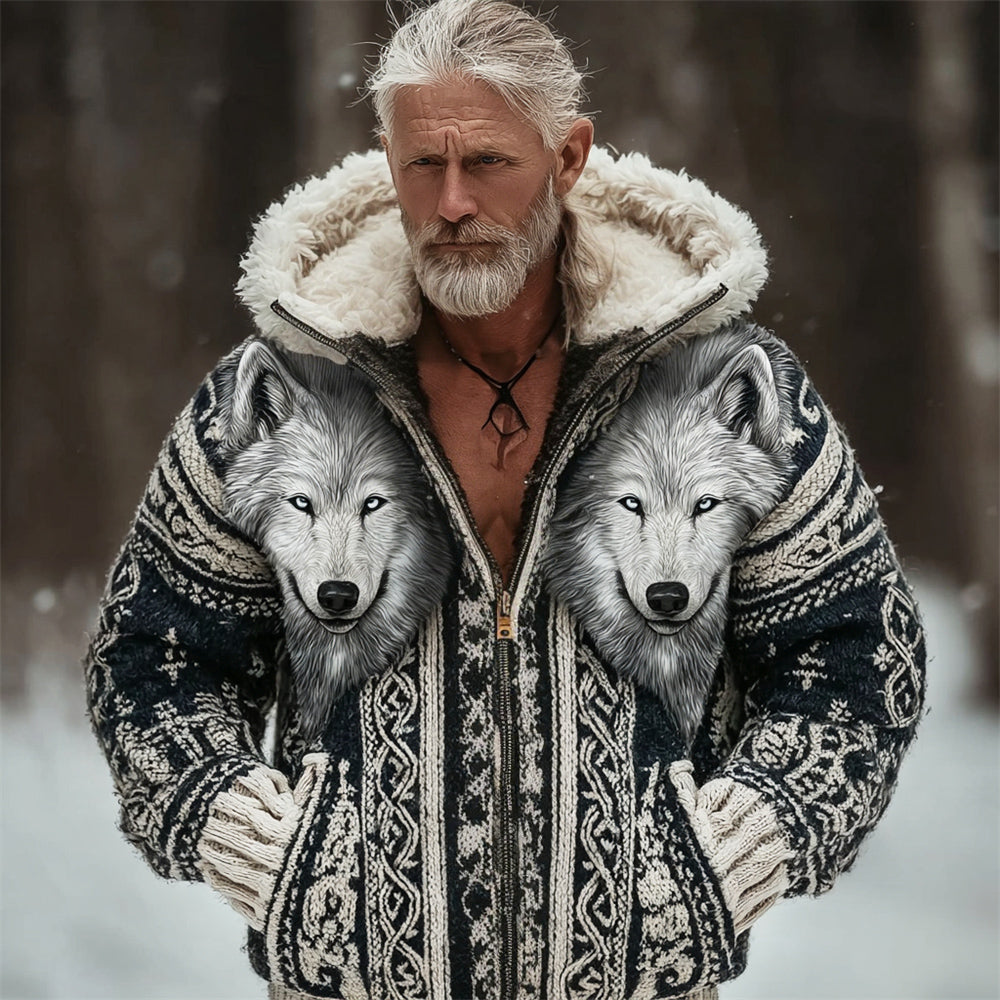 Viking Wolf Head Totem Men's Hooded Full-zip Knit Jacket
