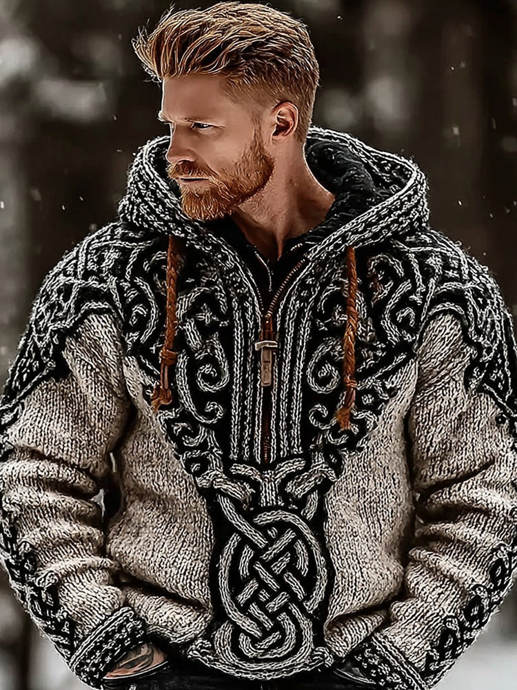 Men's Retro Viking Rune Knit Jacquard Half-zip Hooded Sweater