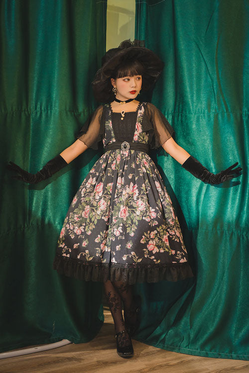 Black Elegant Vintage French Rose Print Square Collar Ruffled Classic Lolita OP Dress