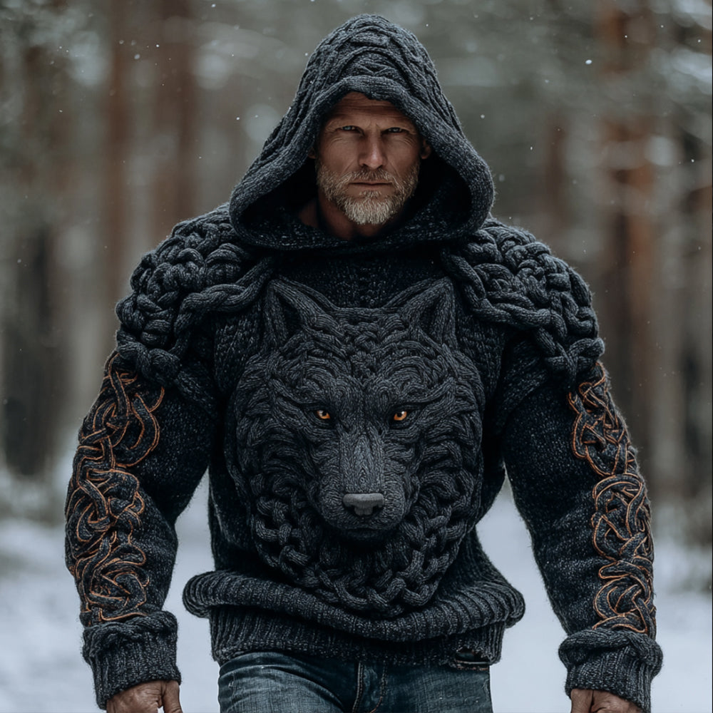 Men's Viking Style Wolf Head Embroidered Celtic Knot Thick Hooded Sweater