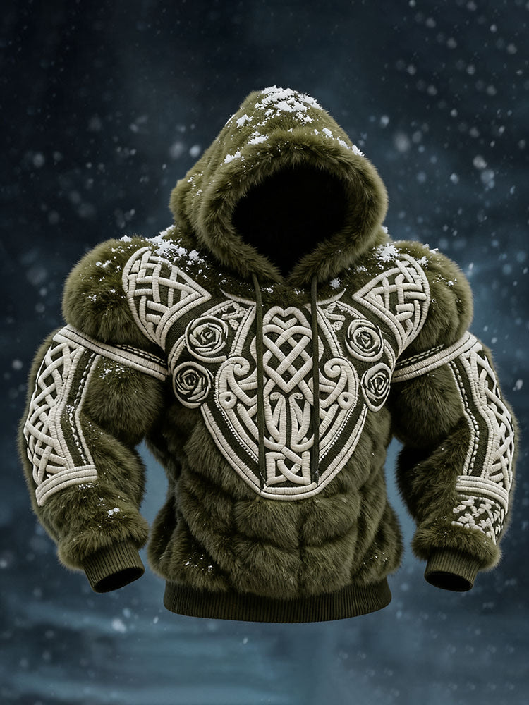 Men's Viking Tribal Jacquard Celtic Muscle Line Inspired Art Plush Warm Hoodie