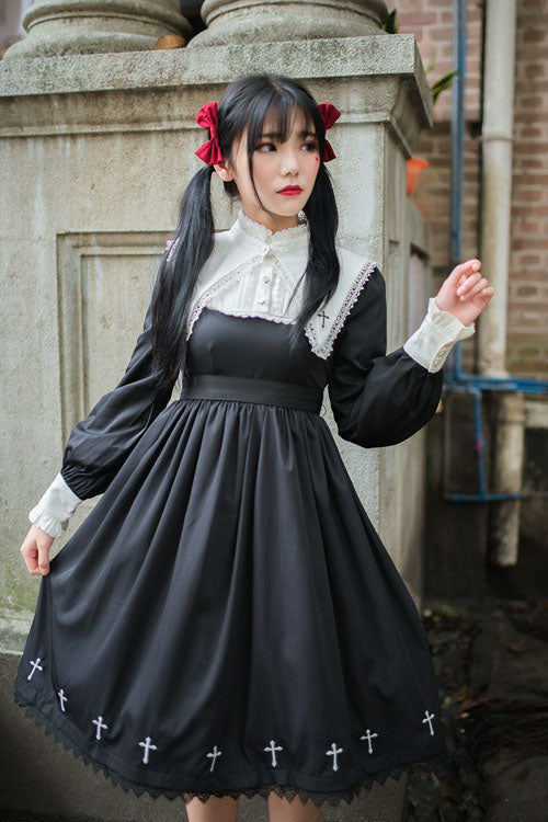 Black Dark Style Punk Cross High Waist Gothic Lolita OP Dress