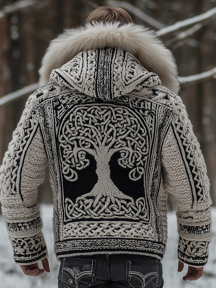 Men's Viking Vintage Celtic Tree Of Life Art Cozy Fuzzy Hooded Knitted Jacket