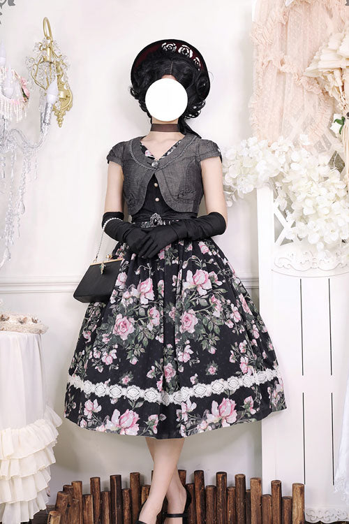Black Elegant Vintage French Rose Floral Print V Collar Sleeveless Ruffled Classic Lolita JSK Dress