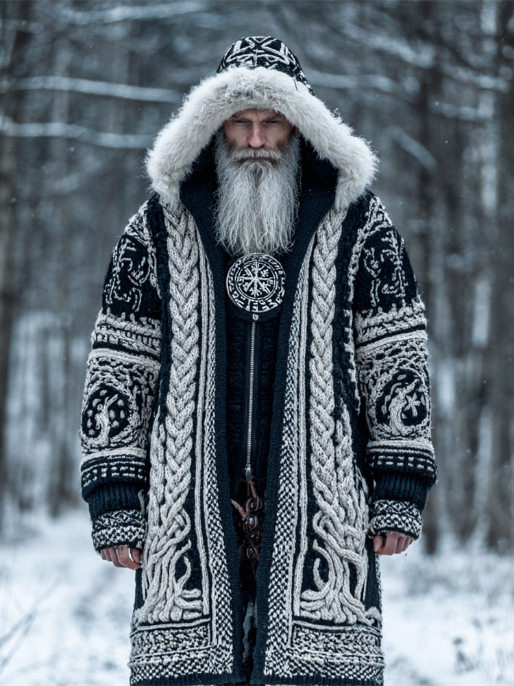 Viking World Tree Men's Hooded Chunky Knit Long Cardigan