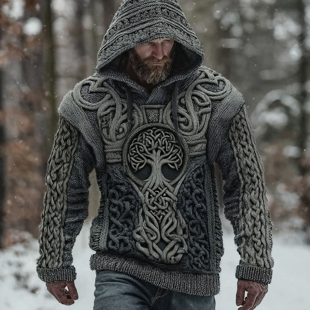 Men's Vintage Tree Of Life Chunky Knit Hooded Sweater