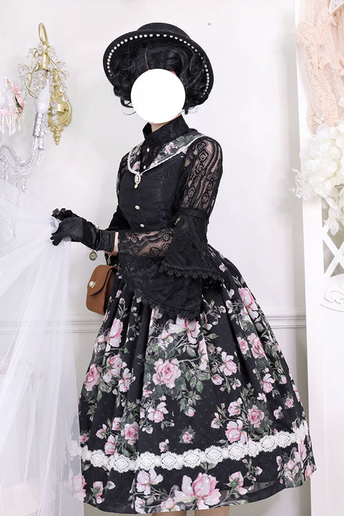 Black Elegant Vintage French Rose Floral Print V Collar Sleeveless Ruffled Classic Lolita JSK Dress