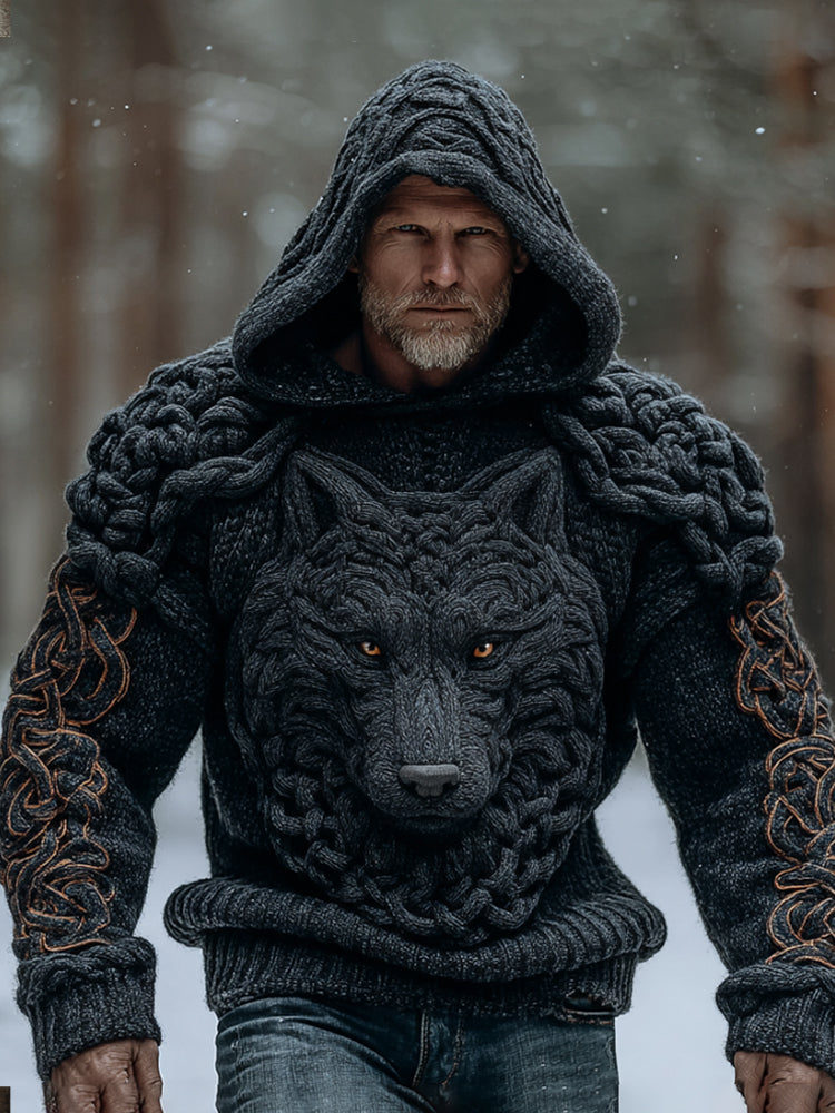 Men's Viking Style Wolf Head Embroidered Celtic Knot Thick Hooded Sweater