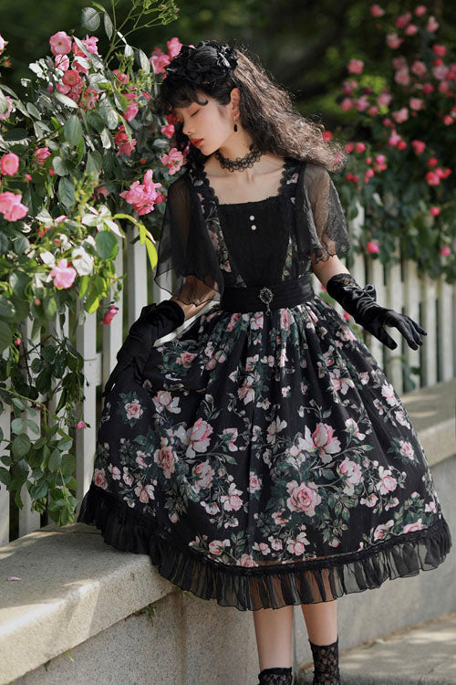 Black Elegant Vintage French Rose Print Square Collar Ruffled Classic Lolita OP Dress