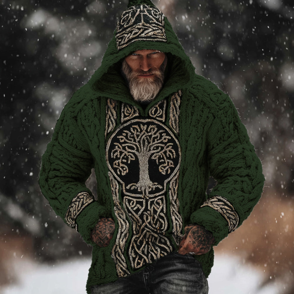 Men's Viking Style Tree Of Life White Thick Needle Hooded Sweater