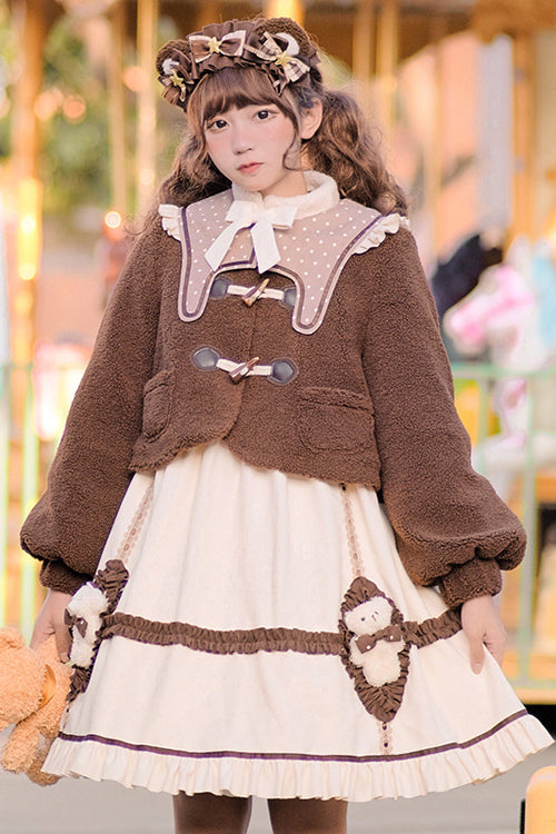 Beige Round Collar Lantern Sleeves Cute Bear Sweet Lolita OP Dress