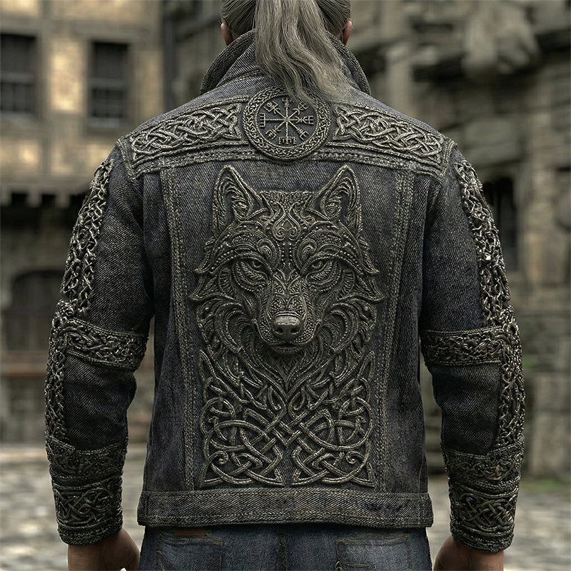 Men's Vintage Viking Celtic Knot With Wolf Art Washed Denim Jacket