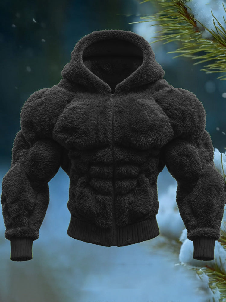 Men's Vintage Muscle Line Art Warm Hooded Cardigan