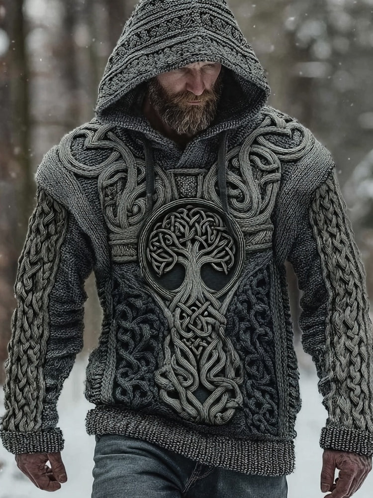 Men's Vintage Tree Of Life Chunky Knit Hooded Sweater