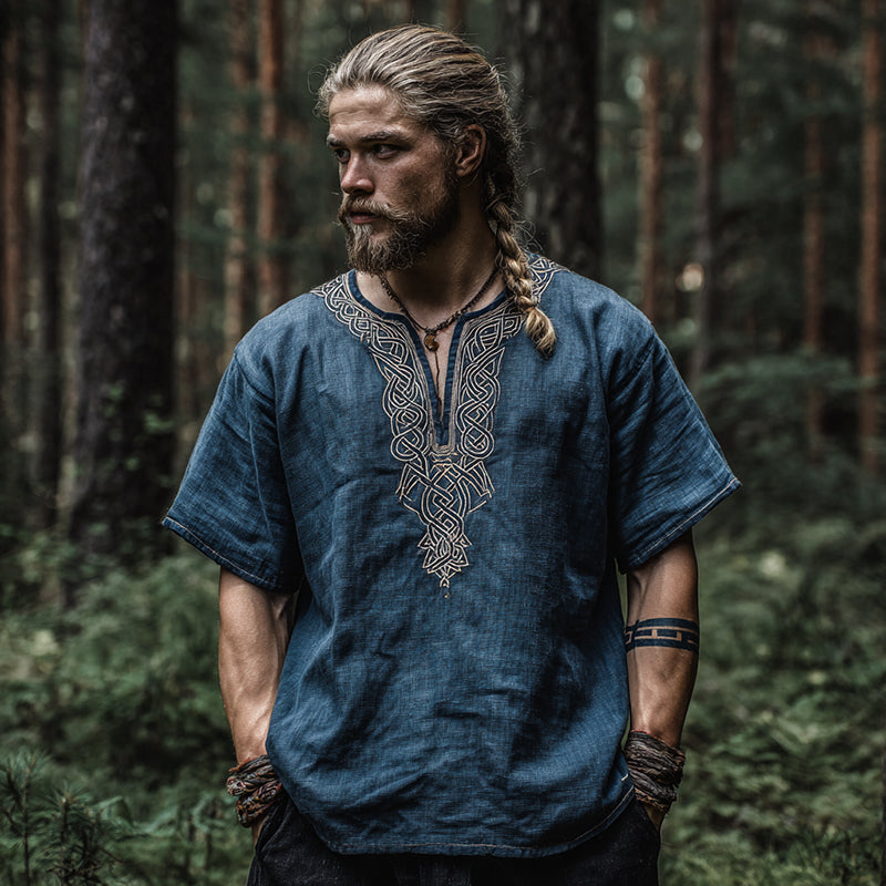 Men's Viking Tribal Knot Art Casual Linen Blend T-shirt