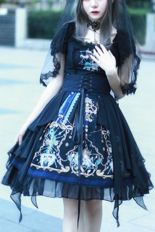 Black God's Salvation Square Collar Short Sleeves Lace Ruffled Gothic Lolita OP Dress